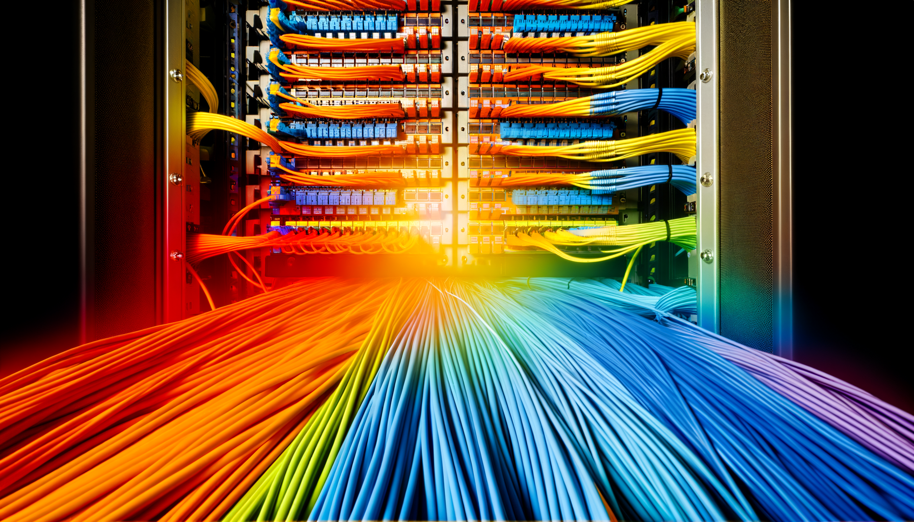 Colorful fiber optic cables in patch panel